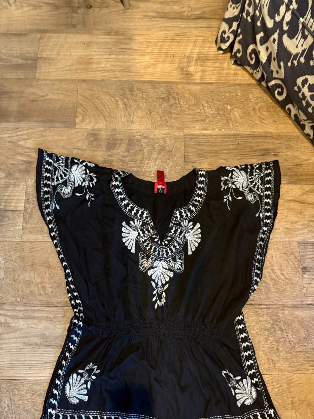 V Christina Ladies cinch waist black Shirt with White Embroidery (size large)